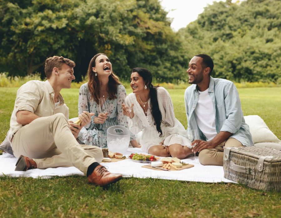 Group of friends having a picnic at the park. Happy young people sitting at the garden talking and smiling with champagne glasses in hand.